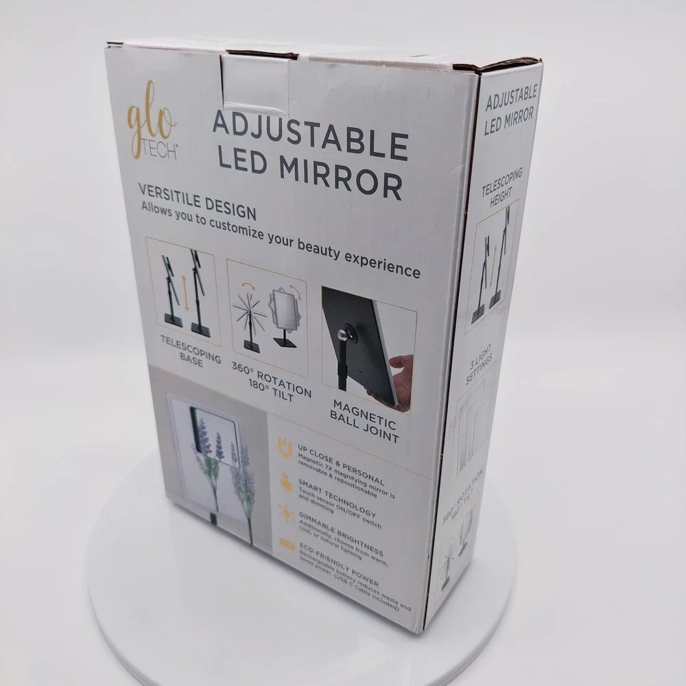 Glo Tech Adjustable LED Mirror 7X Magnifying Rechargeable 3 Light Settings Black
